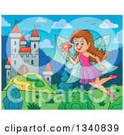 Poster, Art Print Of Cartoon Brunette White Female Fairy Flying With A Flower Over A Castle