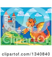 Poster, Art Print Of Cartoon Cute Orange Fire Breathing Dragon By A Castle