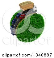 Poster, Art Print Of 3d Roadway With A Big Rig Truck Transporting Boxes And Cars Driving Around A Grassy Planet On White