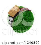 Poster, Art Print Of 3d Roadway With A Big Rig Truck Transporting Boxes And Cars Driving Around A Grassy Planet On White 3