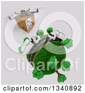 Poster, Art Print Of 3d Delivery Drone And Roadway With Big Rig Trucks Transporting Boxes Driving Around A Grassy Planet With Trees On Shading