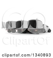 Poster, Art Print Of 3d Rear View Of A Group Of White Big Rig Trucks With Empty Containers On Shaded White