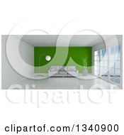 Poster, Art Print Of 3d Empty Room Interior With Floor To Ceiling Windows Furniture And A Green Feature Wall