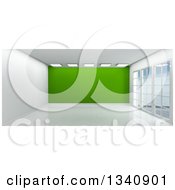 Poster, Art Print Of 3d Empty Room Interior With Floor To Ceiling Windows White Flooring And A Green Feature Wall