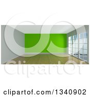 Poster, Art Print Of 3d Empty Room Interior With Floor To Ceiling Windows Wooden Flooring And A Green Feature Wall