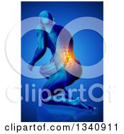 Poster, Art Print Of 3d Anatomical Man Kneeling On The Floor With Visible Skeleton And Glowing Pain On Blue 2