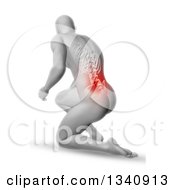 Poster, Art Print Of 3d White Anatomical Man Kneeling On The Floor With Visible Ribs And Spine And Glowing Red Pain On Shaded White