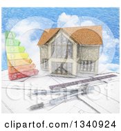 Poster, Art Print Of Sketched Custom Home With An Energy Chart And Drafting Tools Over Blueprints And Sky