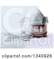 Poster, Art Print Of Half 3d Half Sketched Custom Home With Drafting Tools On Blueprints Over White