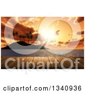 Clipart Of A 3d Tropical Island With Palm Trees And A Table Or Bar Against An Orange Sunset Royalty Free Illustration