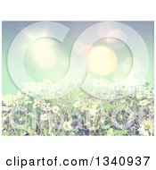 Poster, Art Print Of 3d Sunny Spring Background With Blue Sky Daisies And Grass With Vintage Effect