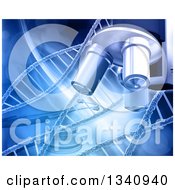 Clipart Of A 3d Background Of A Microscope Stethoscope And Dna Strands In Blue Royalty Free Illustration