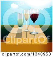 3d Wine Glasses On A Table Against A Valley And Sunny Sky