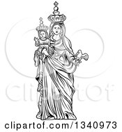 Clipart Of A Black And White Virgin Mary Holding Baby Jesus And A Bird Royalty Free Vector Illustration