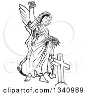 Clipart Of A Black And White Female Angel Holding Up Flowers Over A Cross Royalty Free Vector Illustration by dero
