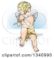 Poster, Art Print Of Cartoon Blond Caucasian Cherub Playing A Flute Over White And Blue