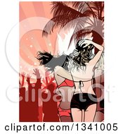 Clipart Of Party Women In A Bikini Tops And Shorts Dancing On A Tropical Beach Over A Silhouetted Crowd And Grungy Rays Royalty Free Vector Illustration