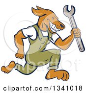 Clipart Of A Cartoon Dog Mechanic Sprinting In Coveralls And Holding A Wrench Royalty Free Vector Illustration
