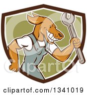 Clipart Of A Cartoon Dog Mechanic In Coveralls Holding A Wrench And Emerging From A Brown White And Green Shield Royalty Free Vector Illustration