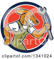 Clipart Of A Cartoon Dog Mechanic In Coveralls Holding A Wrench And Emerging From A Blue White And Red Circle Royalty Free Vector Illustration
