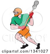 Cartoon White Male Lacrosse Player Running With A Stick