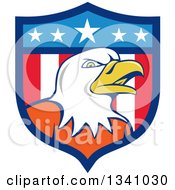 Clipart Of A Cartoon Bald Eagle Head In An American Flag Shield Royalty Free Vector Illustration