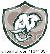 Poster, Art Print Of Retro Elephant Head In A Green White And Taupe Shield