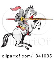 Cartoon Horseback Armored Jousting Knight On A Rearing Horse Holding A Lance