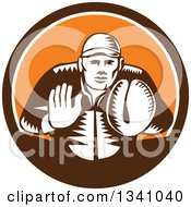 Poster, Art Print Of Retro Woodcut Baseball Player Catcher In A Brown White And Orange Circle