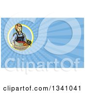 Poster, Art Print Of Retro Woodcut Female Farmer Holding A Basket Of Produce And Blue Rays Background Or Business Card Design