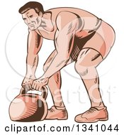 Clipart Of A Retro Sketched Or Engraved Male Bodybuilder Working Out With A Kettlebell Royalty Free Vector Illustration