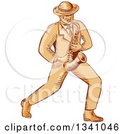 Retro Sketched Or Engraved Jazz Musician Playing A Saxophone