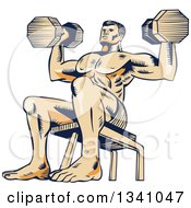 Retro Sketched Or Engraved Bodybuilder Sitting On A Bench And Doing Shoulder Presses With Dumbbells