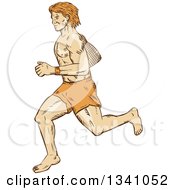 Poster, Art Print Of Sketched Or Engraved Barefoot Male Runner