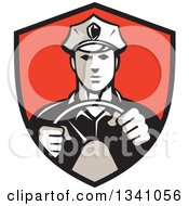 Poster, Art Print Of Retro Male Police Officer Driving With Both Hands On The Steering Wheel In A Red And Black Shield