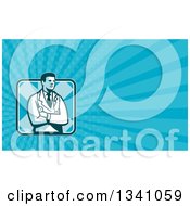 Poster, Art Print Of Retro Male Doctor Or Veterinarian With Folded Arms And Blue Rays Background Or Business Card Design