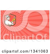 Clipart Of A Retro Male Plumber Holding A Monkey Wrench In A Shield And Red Rays Background Or Business Card Design Royalty Free Illustration