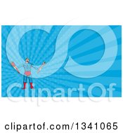 Poster, Art Print Of Cartoon Muscular Male Super Handy Man Hero Holding Spanner And Monkey Wrenches And Blue Rays Background Or Business Card Design