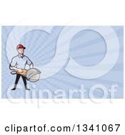 Cartoon White Male Construction Worker Holding A Concrete Saw And Blue Rays Background Or Business Card Design