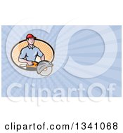 Cartoon White Male Construction Worker Holding A Concrete Saw In An Oval And Blue Rays Background Or Business Card Design