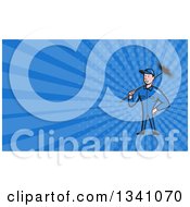Poster, Art Print Of Cartoon Chimney Sweep Man And Blue Rays Background Or Business Card Design 3