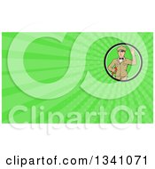 Retro White Male Gas Station Attendant Jockey Holding A Nozzle And Waving And Green Rays Background Or Business Card Design