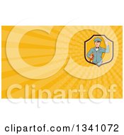 Clipart Of A Retro White Male Gas Station Attendant Jockey Holding A Nozzle And Waving And Orange Rays Background Or Business Card Design Royalty Free Illustration