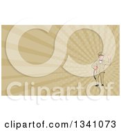 Retro White Male Gas Station Attendant Jockey Holding A Nozzle And Waving And Tan Rays Background Or Business Card Design