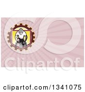 Clipart Of A Retro Male Cyclist Riding Over A Gear Shield And Pastel Pink Rays Background Or Business Card Design Royalty Free Illustration