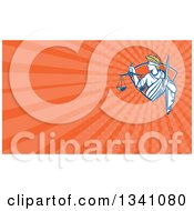 Clipart Of A Retro Lady Justice With A Sword And Scales In A Diamond And Orange Rays Background Or Business Card Design Royalty Free Illustration