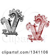 Clipart Of Retro Black And White And Red Capital Letter V With Flourishes Royalty Free Vector Illustration