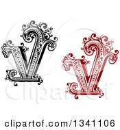 Poster, Art Print Of Retro Black And White And Red Capital Letter V With Flourishes