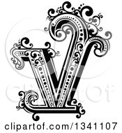 Clipart Of A Retro Black And White Capital Letter V With Flourishes Royalty Free Vector Illustration