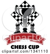 Poster, Art Print Of Black And White Chess Trophy Cup Pieces And A Board Over A Blank Red Ribbon Banner And Text